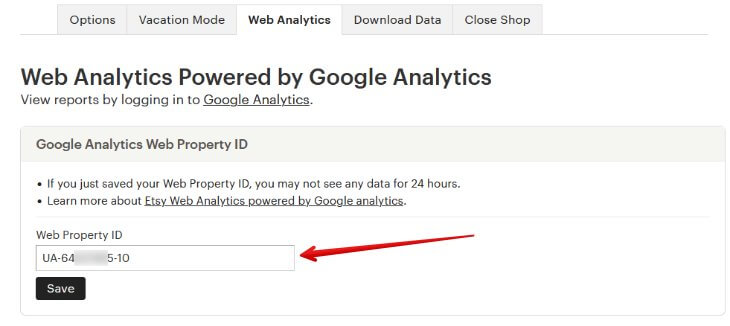 Etsy - добавляем счётчик Гугл Аналитики