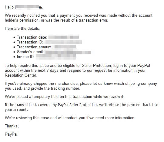 Открыли Case на PayPal (полученный вами платеж был осуществлен без разрешения владельца учетной записи или был результатом ошибки транзакции)
