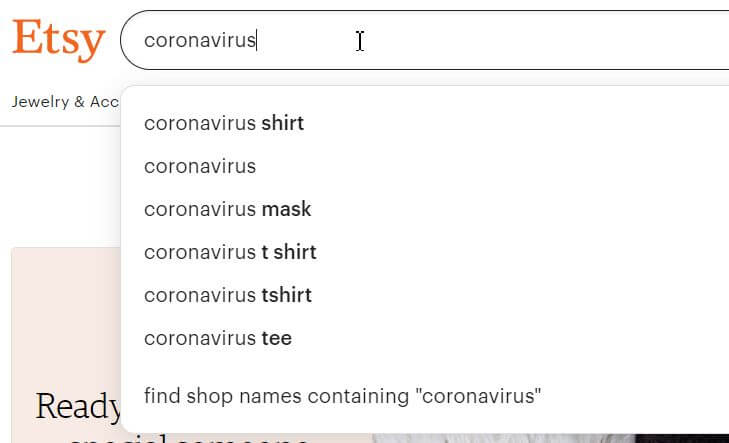 Coronovirus на Etsy поисковые подсказки